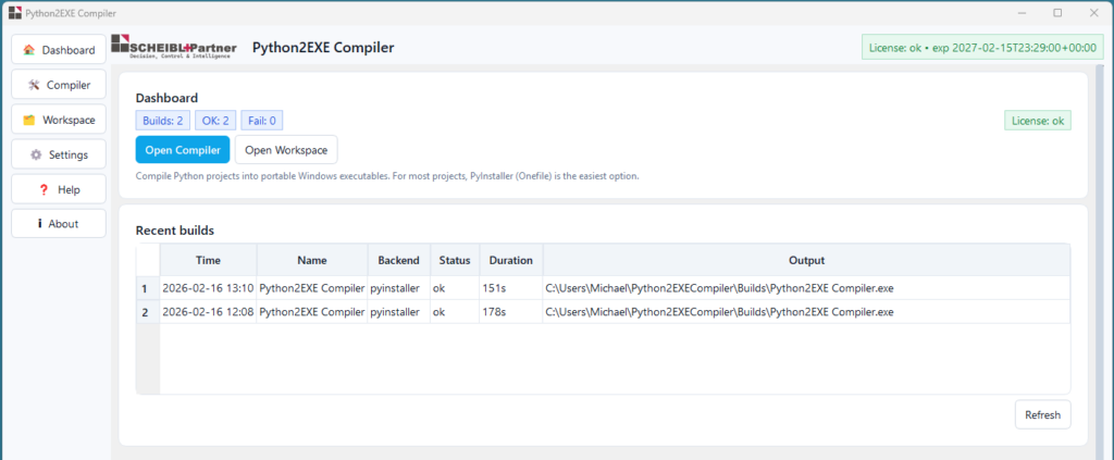Portable Windows EXE output from Python2EXE Compiler with BuildHelper structure and compiled executable